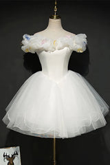 Homecoming Dress 2023, White Tulle Short Off Shoulder Homecoming Dress, White Graduation Dress