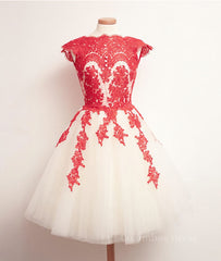 Bridesmaids Dresses Color Schemes, White Tulle Short Red Lace Prom Dresses, Short Red Lace Homecoming Dresses