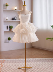 Bridesmaids Dresses For Beach Weddings, White Tulle Straps Short Graduation Dress, White Tulle Sweetheart Prom Dress