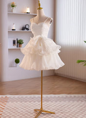 Bridesmaids Dresses For Beach Wedding, White Tulle Straps Short Graduation Dress, White Tulle Sweetheart Prom Dress