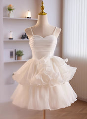 Bridesmaid Dress For Beach Wedding, White Tulle Straps Short Graduation Dress, White Tulle Sweetheart Prom Dress