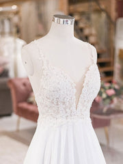 Wedding Dresses For Maids, White V Neck Lace Chiffon Long Wedding Dress, Beach Wedding Dress