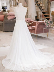 Wedding Dress Southern, White V Neck Lace Chiffon Long Wedding Dress, Beach Wedding Dress