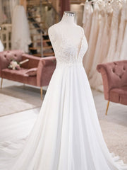 Wedding Dresses A Line Romantic, White V Neck Lace Chiffon Long Wedding Dress, Beach Wedding Dress