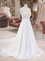 Wedding Dresses 2022 Trend New, White V Neck Lace Chiffon Long Wedding Dress, Beach Wedding Dress