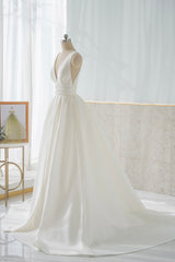 Silk Wedding Dress, White V-Neck Satin Long Prom Dress, Simple A-Line Formal Dress
