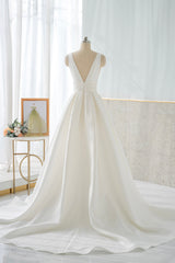 Winter Formal, White V-Neck Satin Long Prom Dress, Simple A-Line Formal Dress