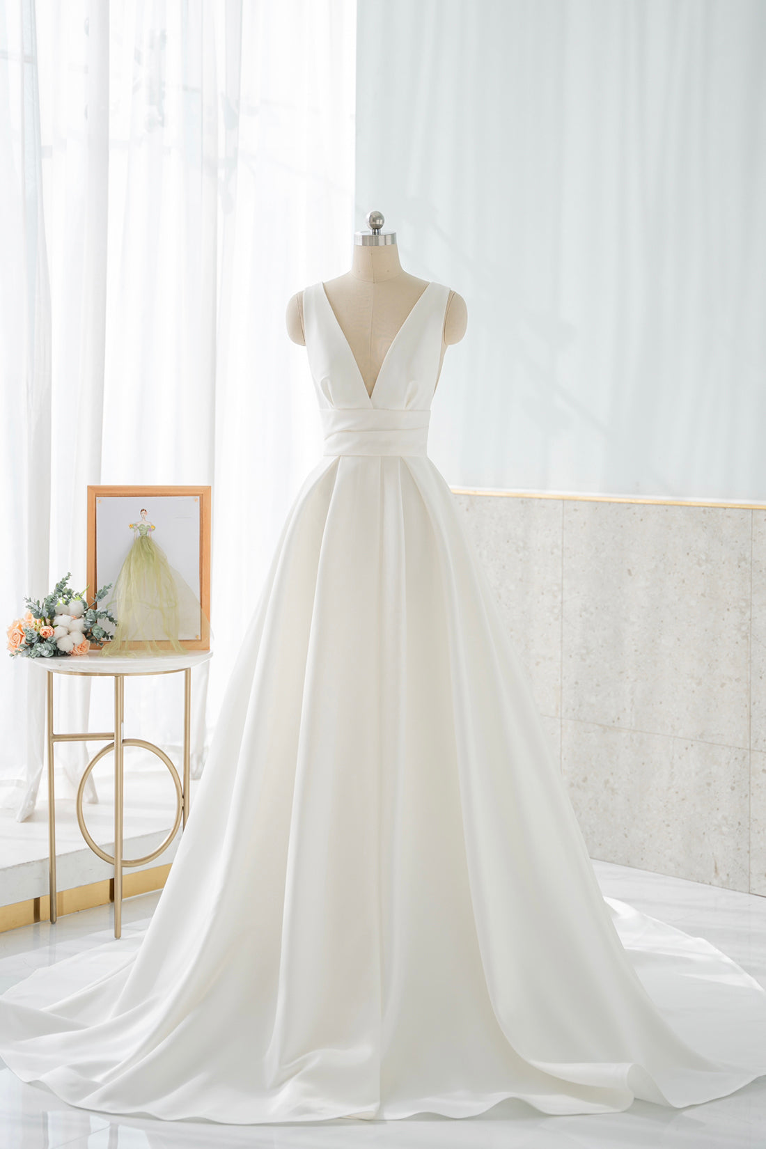 Prom Shoes, White V-Neck Satin Long Prom Dress, Simple A-Line Formal Dress