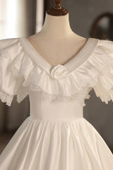 Wedding Dresses Fabric, White V-Neck Satin Long Prom Dress with Lace, Wedding Dress