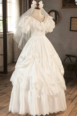 Wedding Dresses With Long Trians, White V-Neck Satin Long Prom Dress with Lace, Wedding Dress