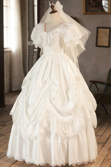 Wedding Dress Tulle Lace, White V-Neck Satin Long Prom Dress with Lace, Wedding Dress