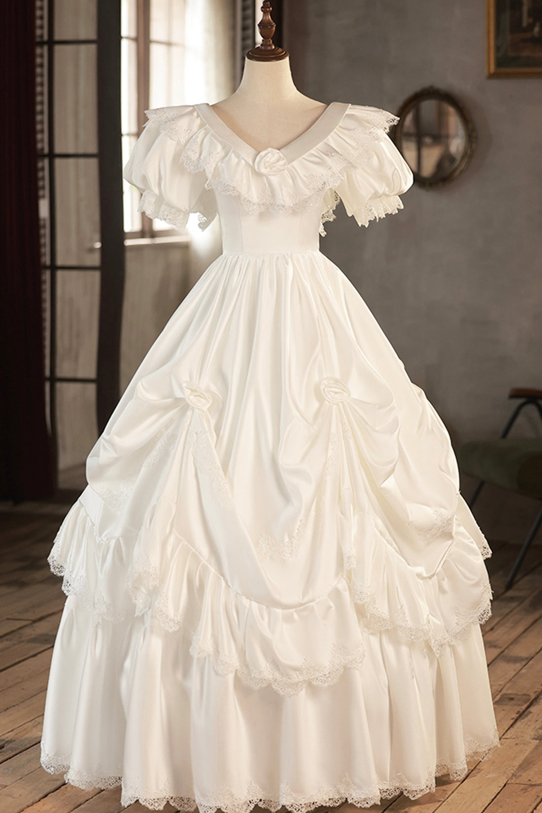 Wedding Dress Fabric, White V-Neck Satin Long Prom Dress with Lace, Wedding Dress