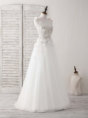 Simple Wedding Dress, White V Neck Tulle Beads Long Prom Dress White Evening Dress