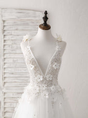 Bridesmaid Dresses Peach, White V Neck Tulle Beads Long Prom Dress White Evening Dress