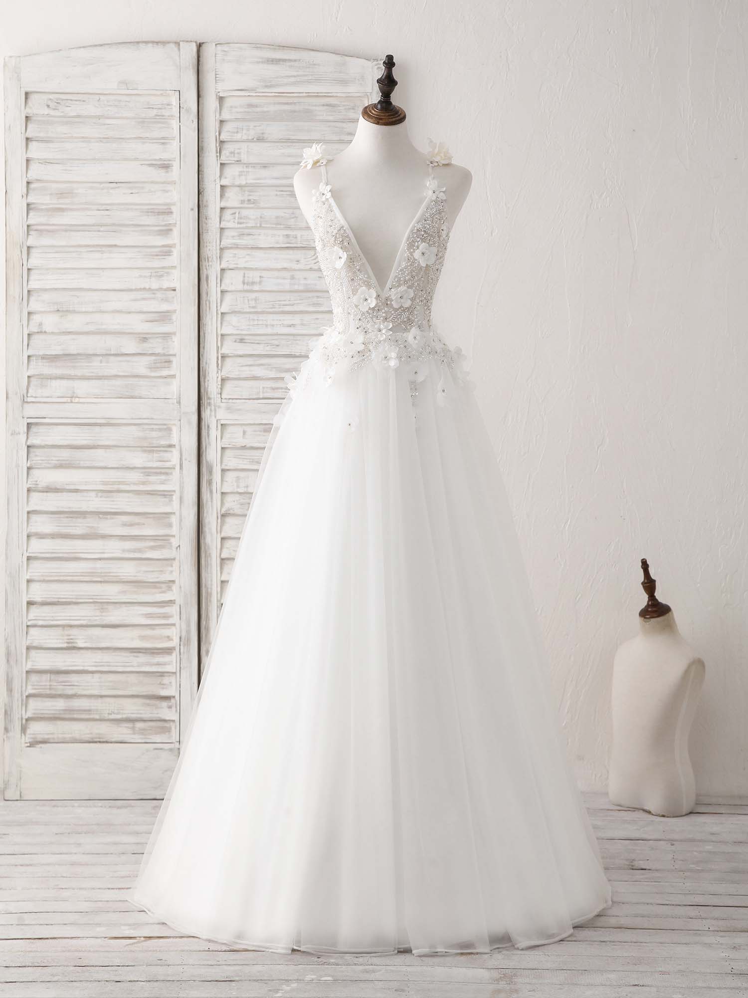 Bridesmaid Dress Dusty Blue, White V Neck Tulle Beads Long Prom Dress White Evening Dress