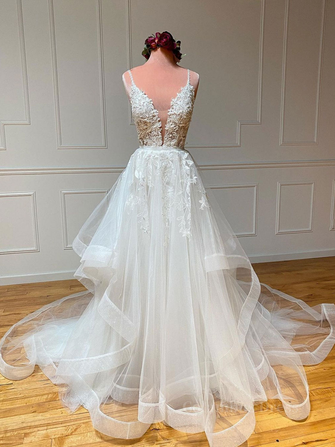 Prom Dress Colorful, White v neck tulle lace long prom dress, white lace formal dress