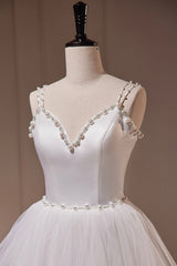 Bridesmaid Dress Shops Near Me, White V-Neck Tulle Long Prom Dress, A-Line Evening Dress with Train