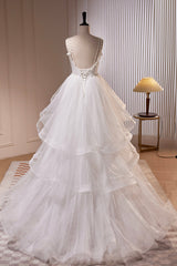 Bridesmaid Dresses Quick Shipping, White V-Neck Tulle Long Prom Dress, A-Line Evening Dress with Train