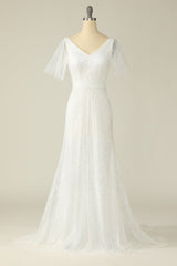 Wedding Dress With Straps, White V Neck Lace Wedding Dress