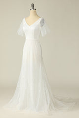 Wedding Dresses, White V Neck Lace Wedding Dress