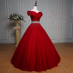 Party Dresses For Teen, Wine Red Ball Gown Off Shoulder Beaded Party Dress, Tulle Off Shoulder Prom Dress