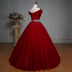 Party Dress Website, Wine Red Ball Gown Off Shoulder Beaded Party Dress, Tulle Off Shoulder Prom Dress