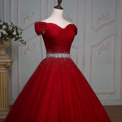 Party Dresses Website, Wine Red Ball Gown Off Shoulder Beaded Party Dress, Tulle Off Shoulder Prom Dress