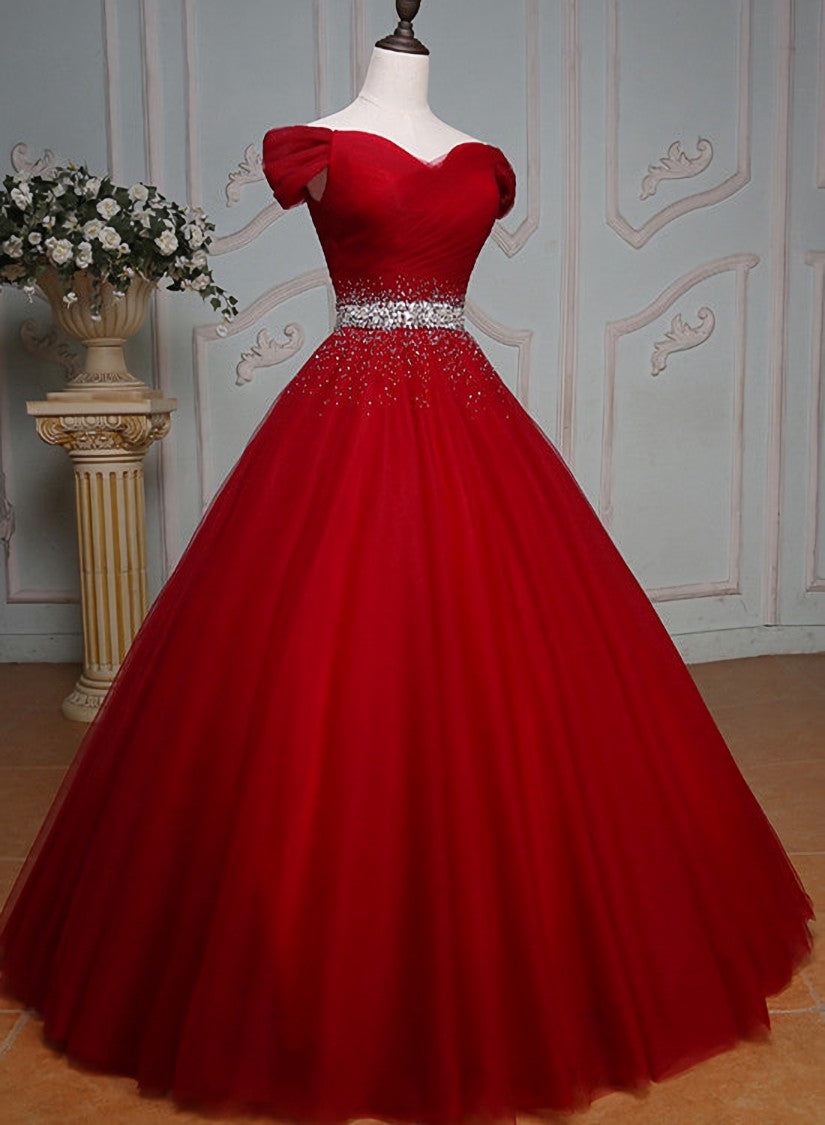 Party Dress For Teens, Wine Red Ball Gown Off Shoulder Beaded Party Dress, Tulle Off Shoulder Prom Dress