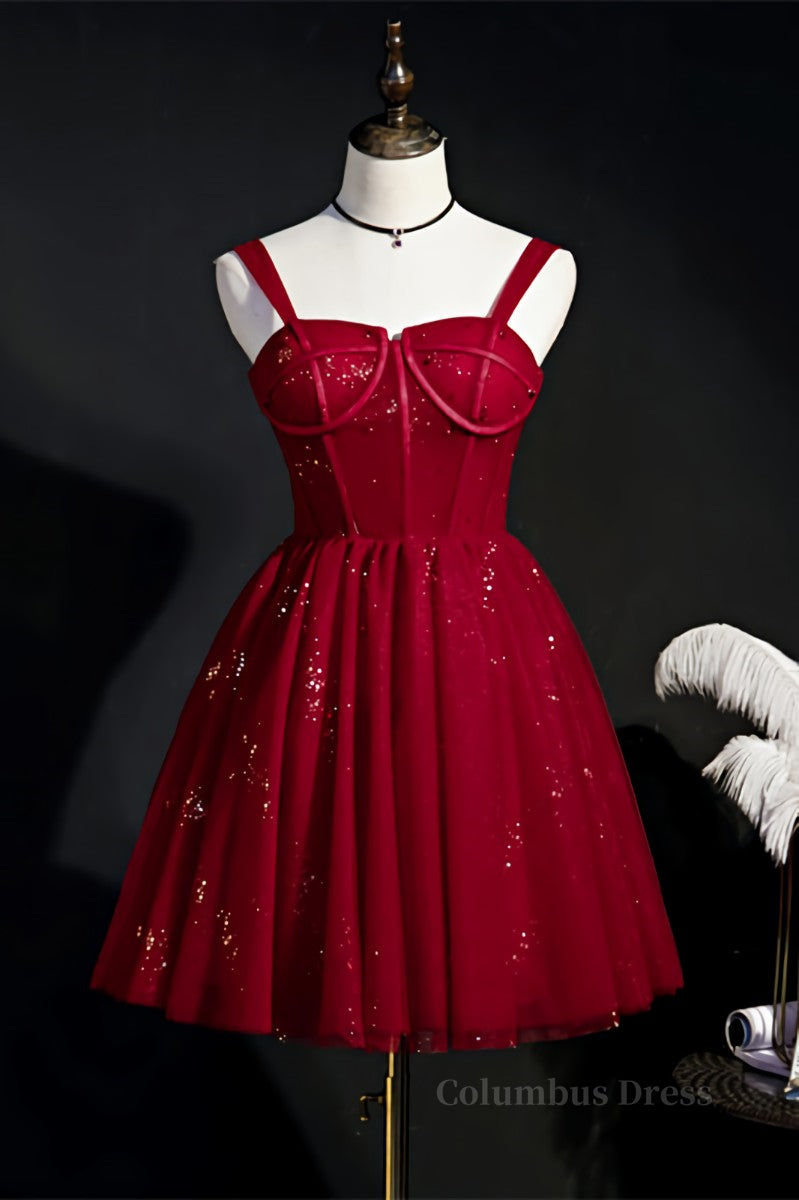 Prom Dress Spring, Wine Red Corset Tulle Short Princess Dress