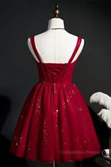 Prom Dress A Line, Wine Red Corset Tulle Short Princess Dress