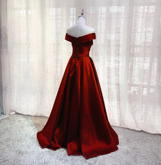 Wedding Dress Backs, Wine Red Floor Length Off Shoulder Wedding Party Dress, Dark Red Prom Dress