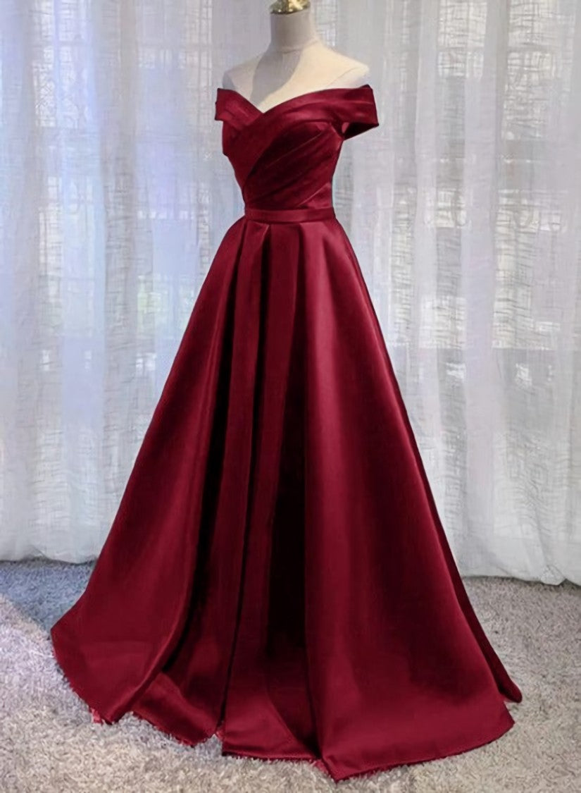 Wedding Dress Back, Wine Red Floor Length Off Shoulder Wedding Party Dress, Dark Red Prom Dress