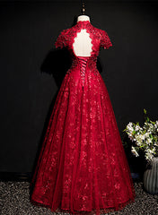 Party Dresses For Wedding, Wine Red Lace A-line Open Back Long Prom Dress, A-line Wine Red Formal Dress