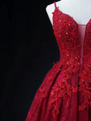 Bridesmaid Dress Inspo, Wine Red Lace Applique Straps V-neckline Party Dress, Floor Length Wine Red Prom Dress