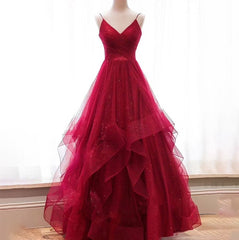 Bridesmaid Dresses For Beach Wedding, Wine Red Layers Tulle V-neckline Straps Formal Dress, Wine Red Evening Dress Party Dress
