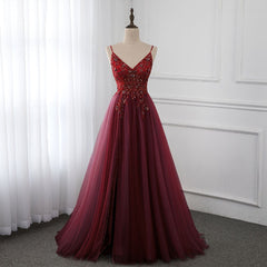 Plu Size Wedding Dress, Wine Red Long Tulle V-neckline Beaded Junior Prom Dress, Dark Red Party Dress