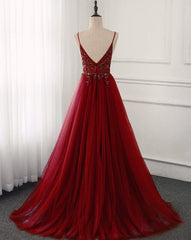 Bachelorette Party, Wine Red Long Tulle V-neckline Beaded Junior Prom Dress, Dark Red Party Dress