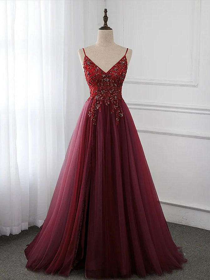 Small Wedding Ideas, Wine Red Long Tulle V-neckline Beaded Junior Prom Dress, Dark Red Party Dress
