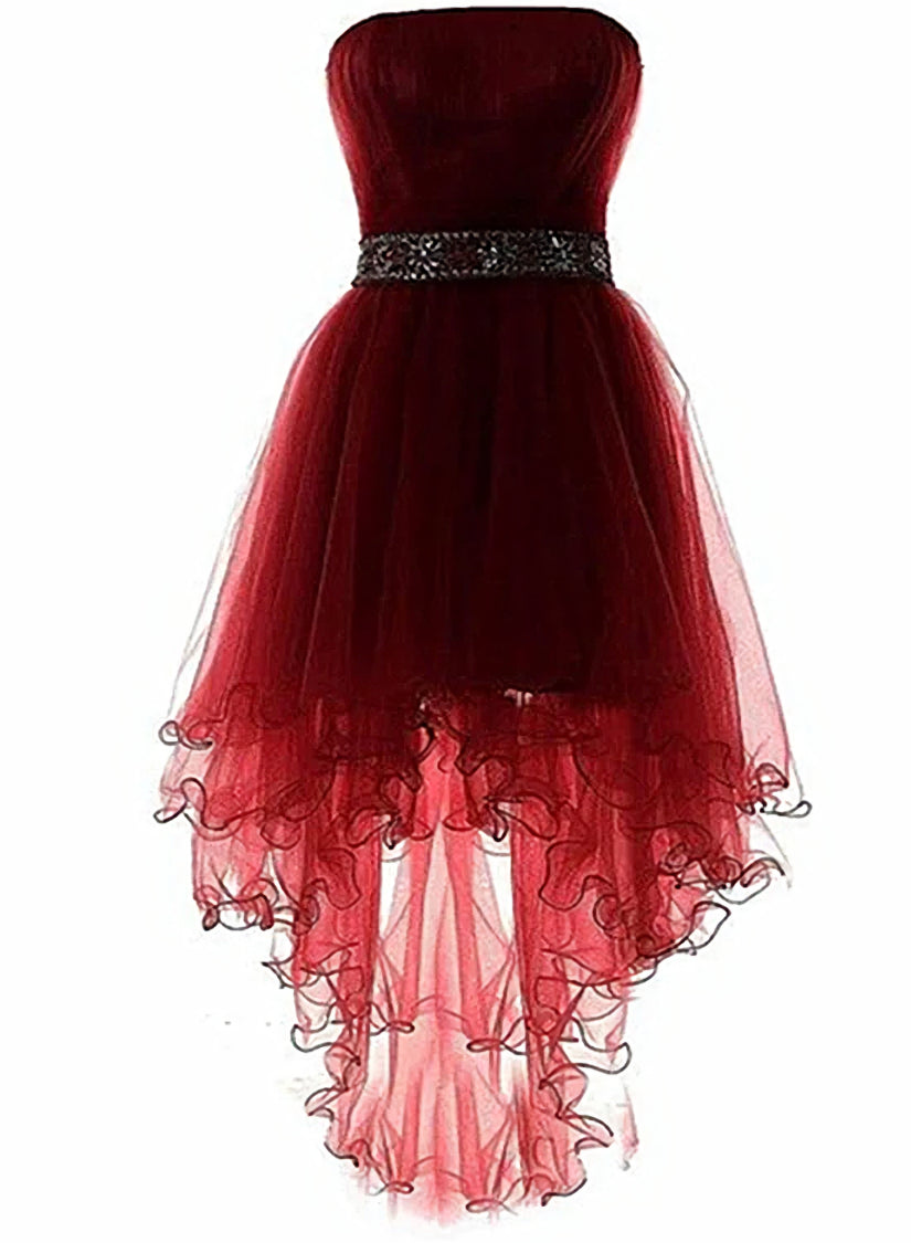 Prom Dresses Floral, Wine Red Lovely High Low Tulle Homecoming Dress, Cute Party Dress