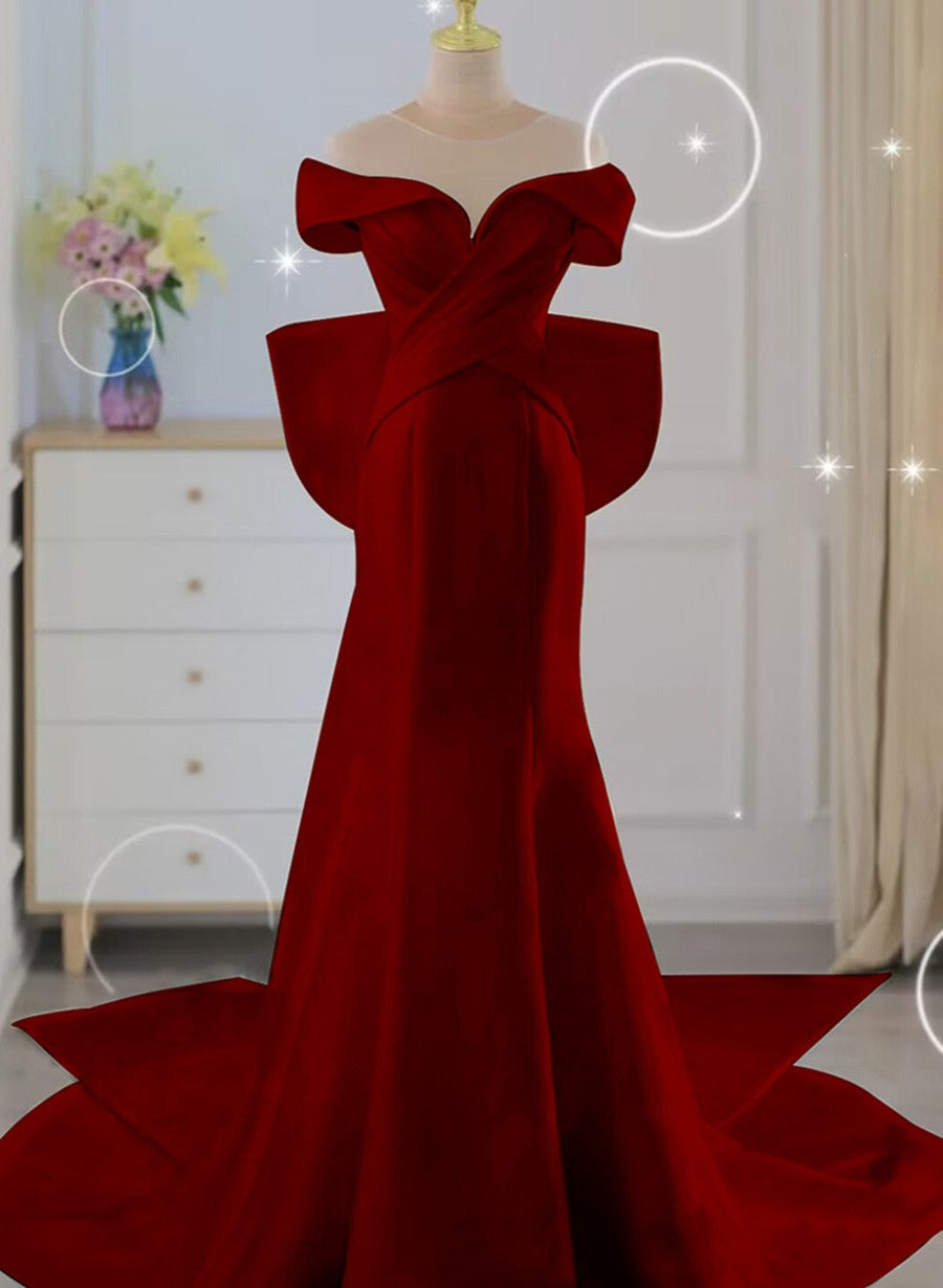 Wedding Dresses Custom, Wine Red Mermaid Long Party Dress with Bow, Wine Red Wedding Party Dress