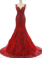 Prom Dresses Ball Gown Elegant, Wine Red Mermaid Long Party Dress with Lace Applique, Wine Red Formal Dresses
