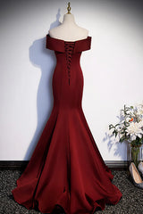 Wedsing Dress Simple, Wine Red Mermaid Long Prom Dress, Off the Shoulder V-Neck Wedding Party Dress