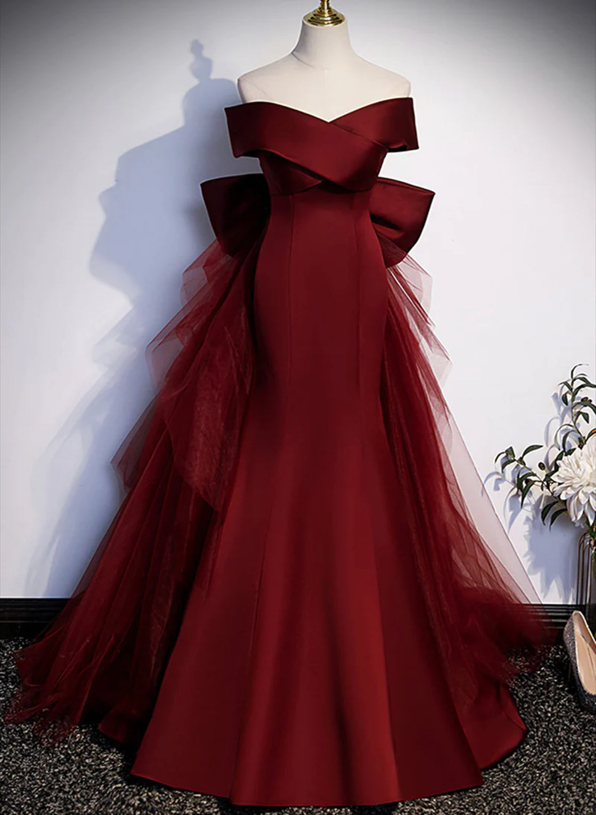 Wedding Dress 2021, Wine Red Mermaid Long Prom Dress, Off the Shoulder V-Neck Wedding Party Dress