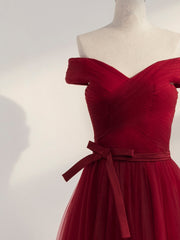 Satin Dress, Wine Red Off Shoulder Simple Sweetheart Floor Length Party Dress, Dark Red Formal Dress