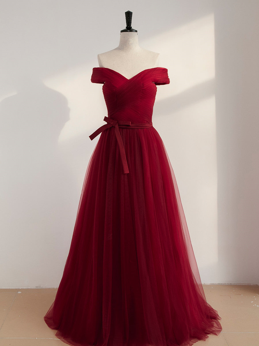 Homecoming Dress, Wine Red Off Shoulder Simple Sweetheart Floor Length Party Dress, Dark Red Formal Dress