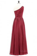 Simple Prom Dress, Wine Red One Shoulder A-line Chiffon Long Bridesmaid Dress