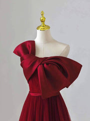 Party Dresses Summer, Wine Red Satin and Tulle A-line Simple Prom Dress, Floor Length Party Dress