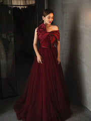 Party Dresses For Summer, Wine Red Satin and Tulle A-line Simple Prom Dress, Floor Length Party Dress