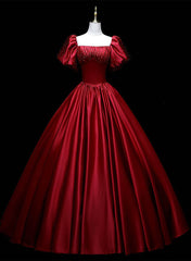 Party Dress For Baby, Wine Red Satin Beaded Ball Gown Sweet 16 Dress, Wine Red Evening Formal Dress