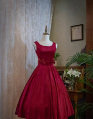 Wedding Dresses 2024, Wine Red Satin Tea Length Party Dress with Bow, Wine Red Wedding Party Dress